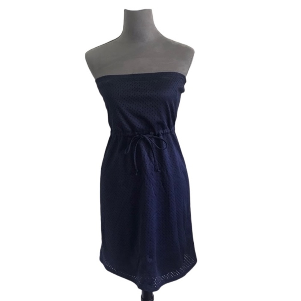 Delia’s navy jersey knit strapless drawstring waist dress.